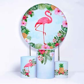 Kit Painel de Festa Redondo de 1,30m e Trio de Cilindros Flamingos - Fera Print