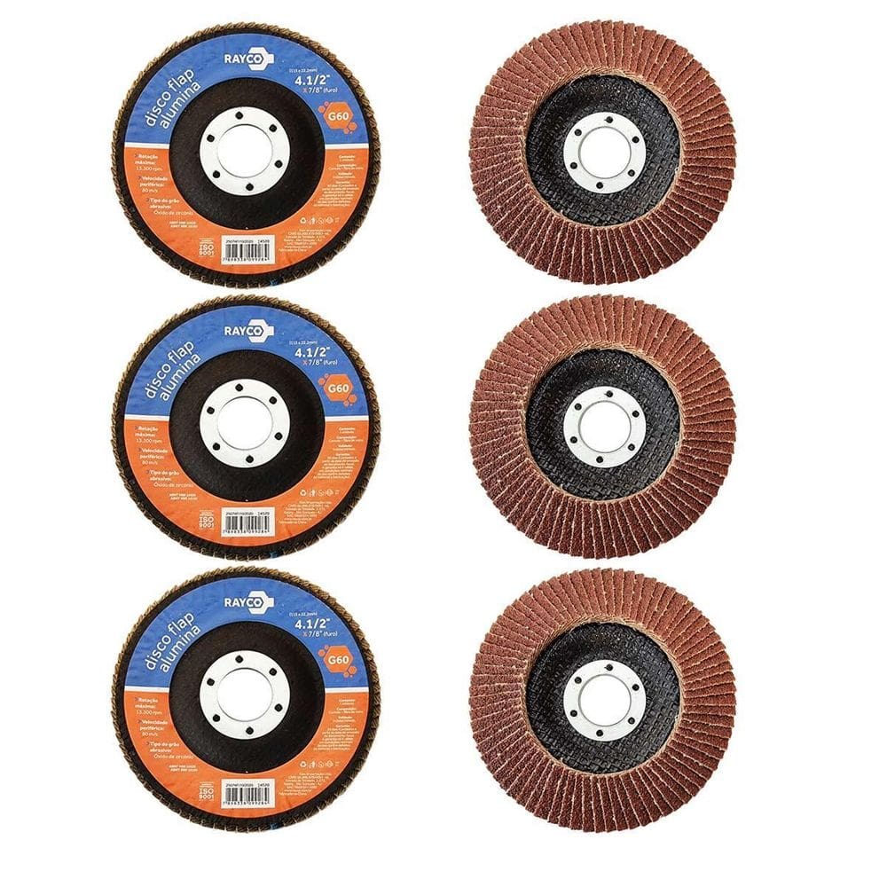 Kit 6 Discos Flap Alumina 115Mm Grão 60 Lixa Desbaste Rayco