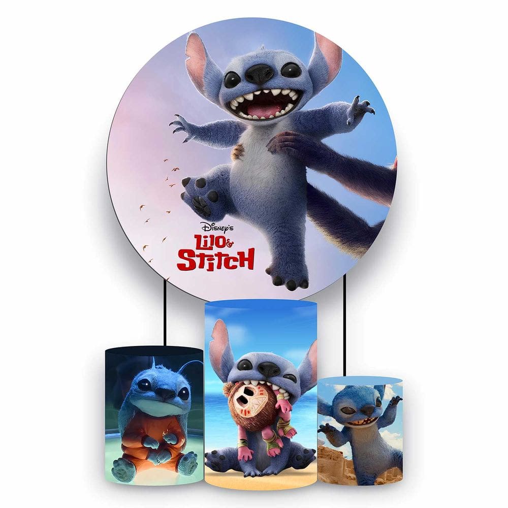 Kit Painel de Festa Redondo de 1,80m e Trio de Cilindros Lilo Stitch - Fera Print