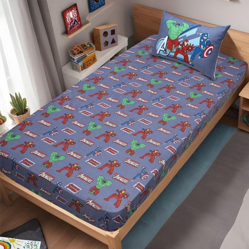 Jogo De Cama Solteiro Vingadores Malha 70% Algodão 30% Poliéster Avengers Evergreen/blue