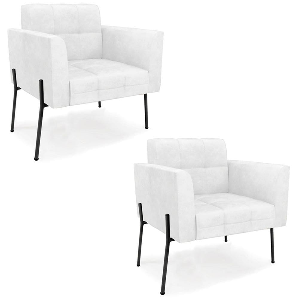 Poltrona Sala Pé Metal Preto Kit 2 Ana Sintético Pu Branco - Ibiza