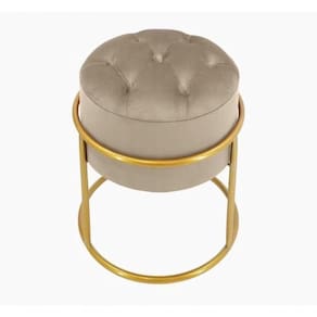 Puff Banqueta Estofado Decorativo Base De Ferro Capitonê Suede Bege Do Lar Móveis E Decoração