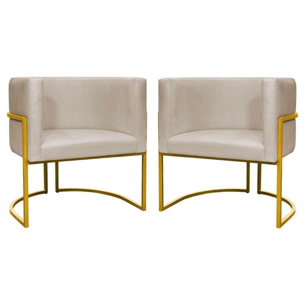 Kit 2 Poltronas Decorativa Luxo Base De Metal Dourada Escritório Recepção Sala Suede Bege Do Lar Móveis E Decoração