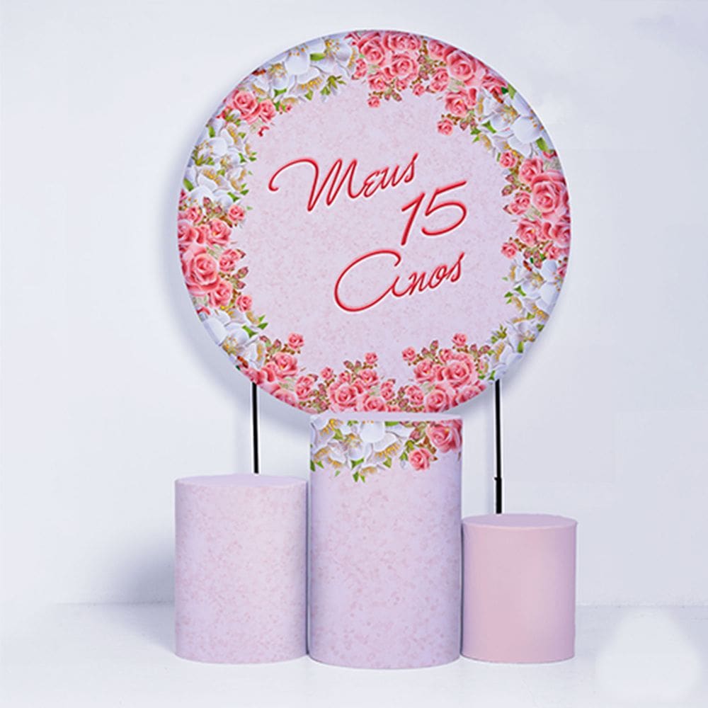 Kit Painel de Festa Redondo de 1,50m e Trio de Cilindros 15 Anos- Fera Print