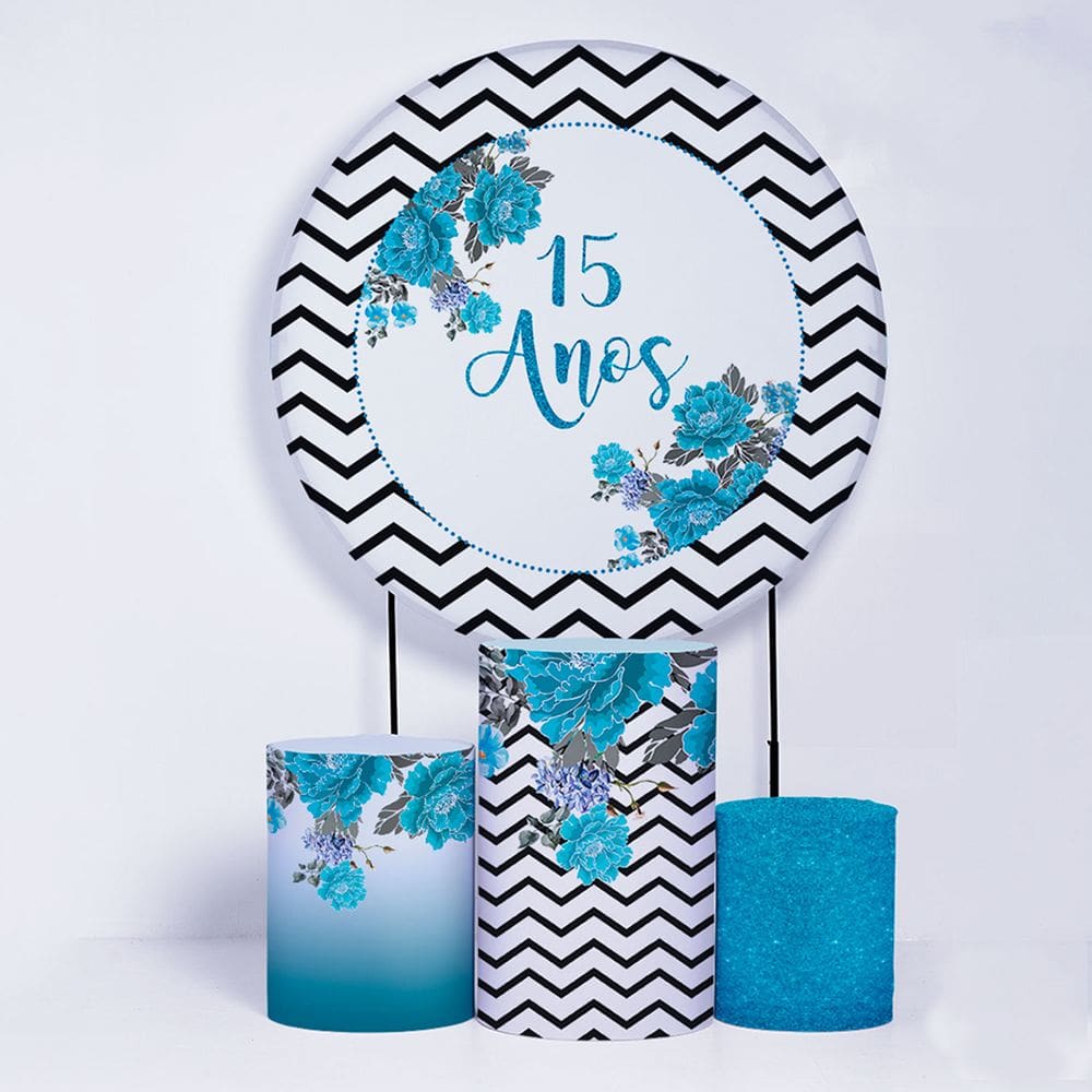 Kit Painel de Festa Redondo de 1,30m e Trio de Cilindros 15 Anos- Fera Print