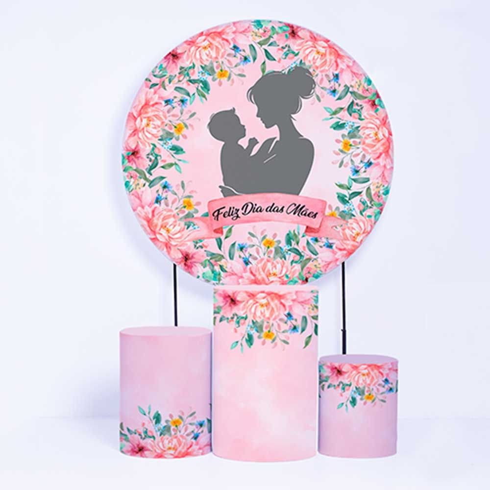 Kit Painel de Festa Redondo e Trio de Cilindros Dia das Mães - Fera Print