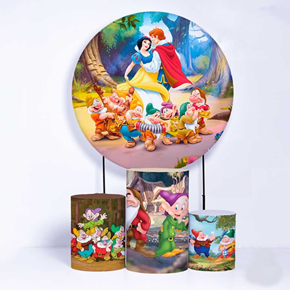 Kit Painel de Festa Redondo e Trio de Cilindros Branca de Neve - Fera Print