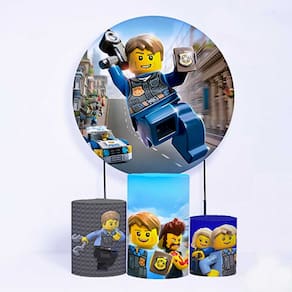 Kit Painel de Festa Redondo de 1,30m e Trio de Cilindros Lego - Fera Print