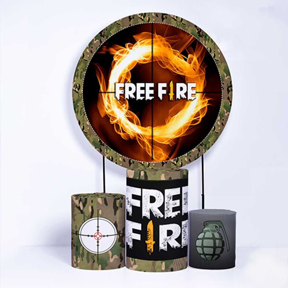 Kit Painel de Festa Redondo e Trio de Cilindros Garena Fire - Fera Print