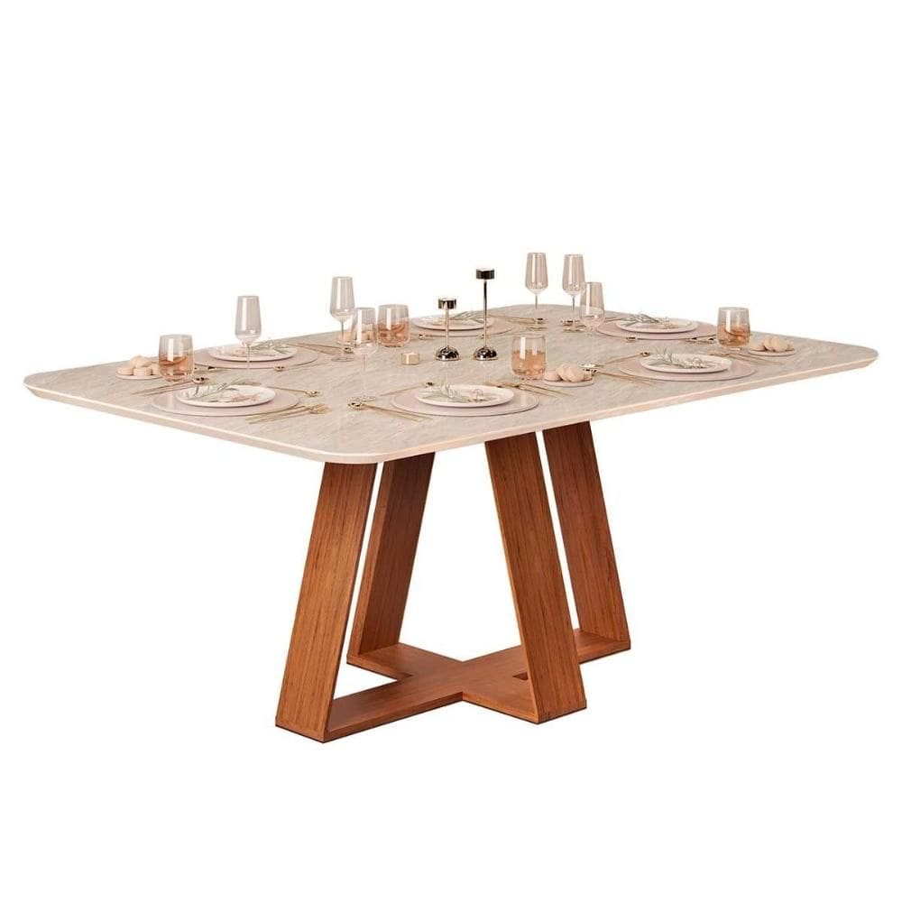 Mesa de Sala Jantar Celeste c/ Tampo Madeirado Curvo 170x90cm Freijo/Quartzo - DJ Móveis