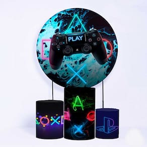 Kit Painel de Festa Redondo e Trio de Cilindros Video Game - Fera Print
