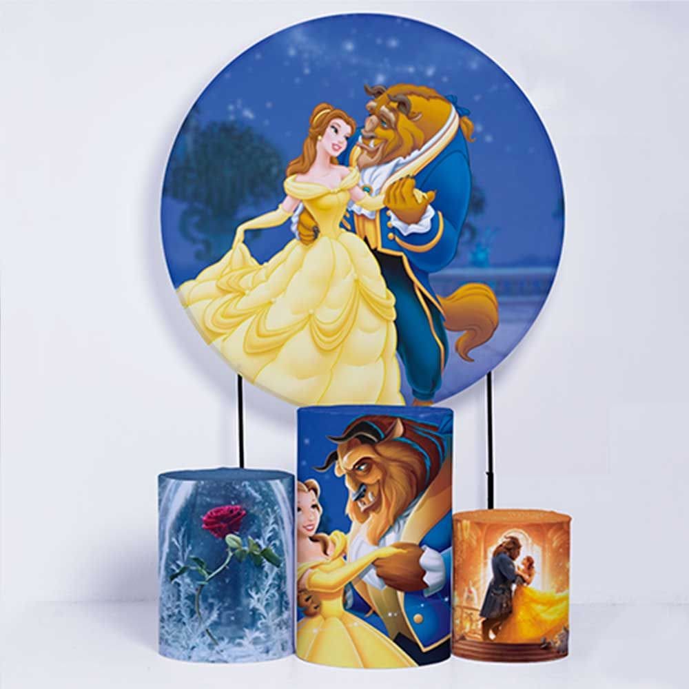 Kit Painel de Festa Redondo de 1,80m e Trio de Cilindros A Bela e a Fera - Fera Print