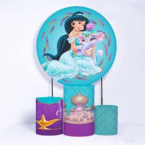 Kit Painel de Festa Redondo de 1,30m e Trio de Cilindros Princesa Jasmine - Fera Print