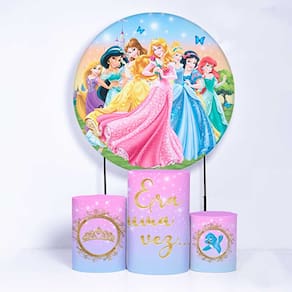 Kit Painel de Festa Redondo de 1,50m e Trio de Cilindros Princesas - Fera Print