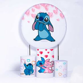 Kit Painel de Festa Redondo de 1,80m e Trio de Cilindros Lilo &amp; Stitch - Fera Print