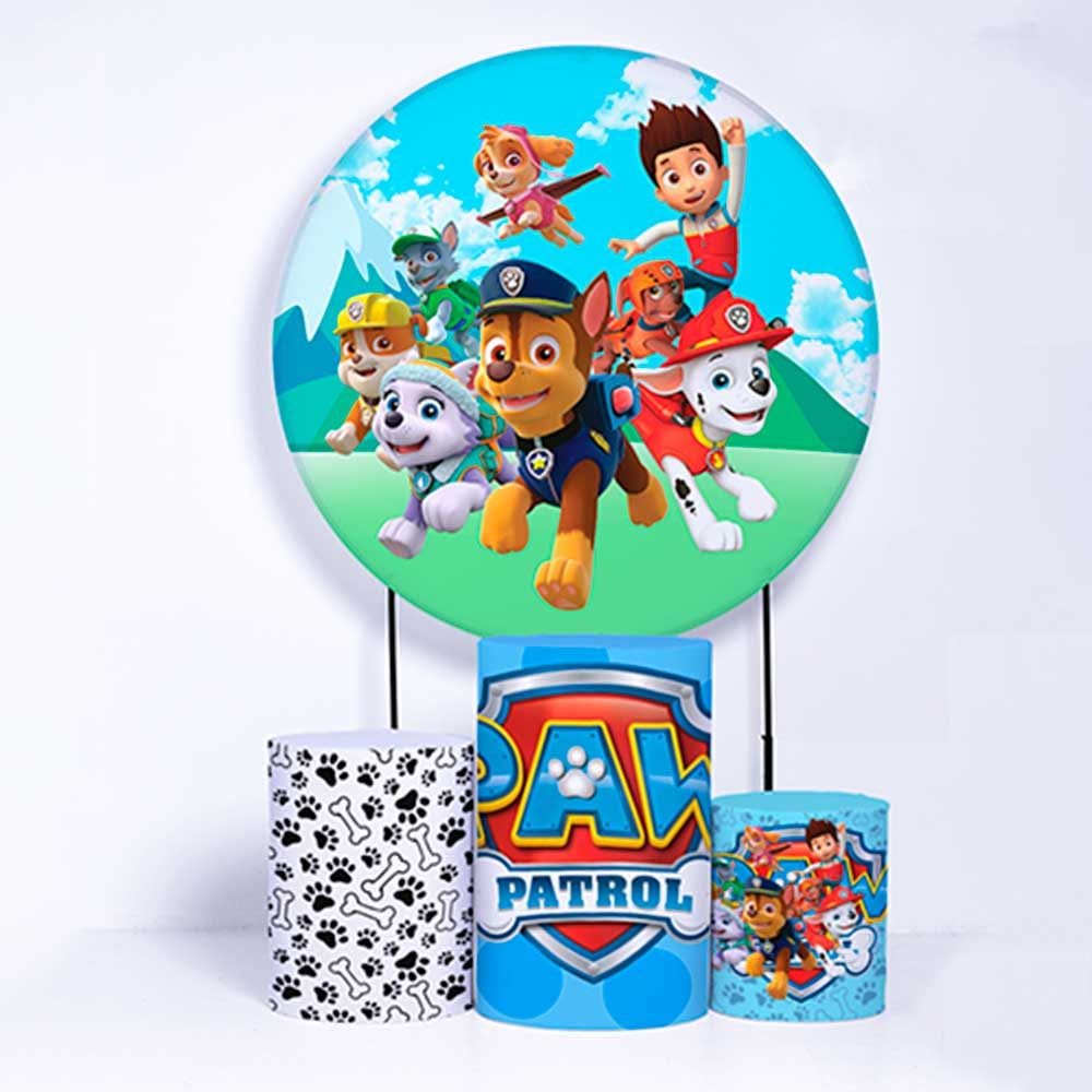 Kit Painel de Festa Redondo de 1,80m e Trio de Cilindros Patrulha Canina - Fera Print