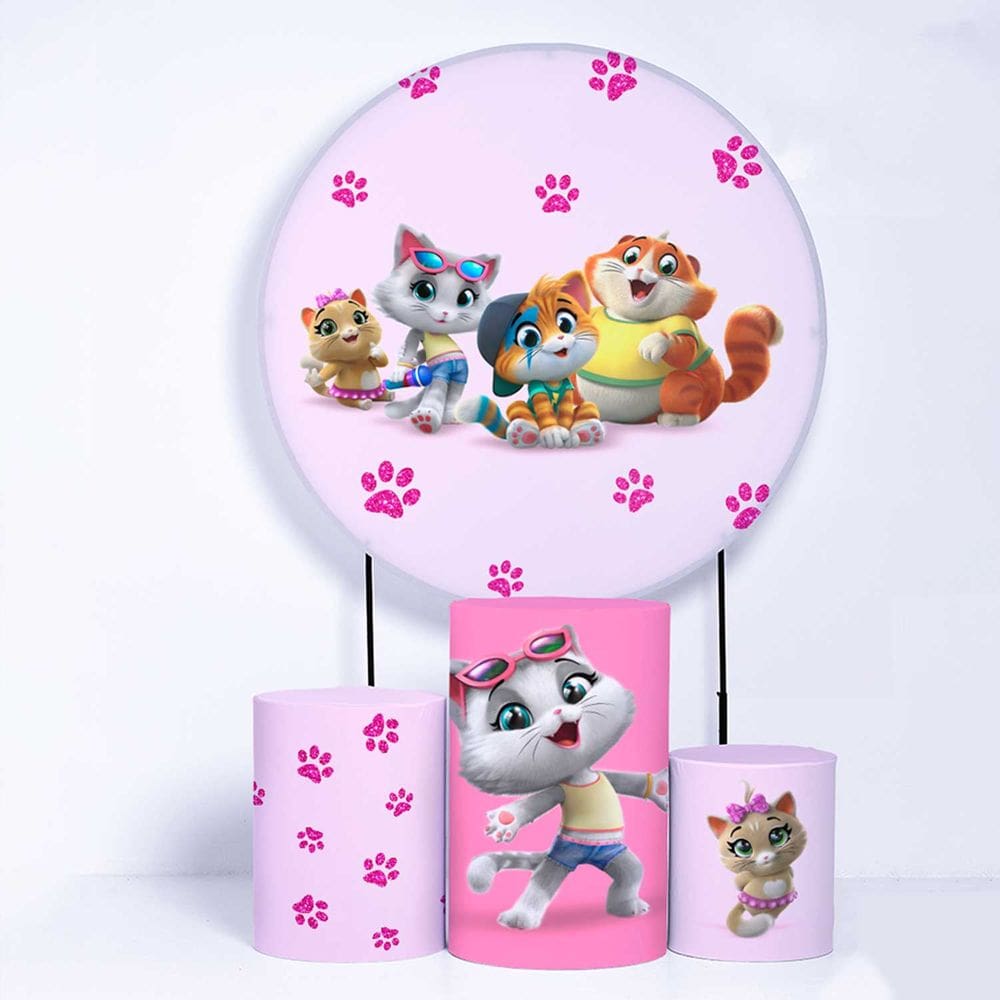 Kit Painel de Festa Redondo de 1,30m e Trio de Cilindros 44 Gatos - Fera Print