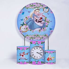 Kit Painel de Festa Redondo de 1,50m e Trio de Cilindros Alice no País das Maravilhas - Fera Print