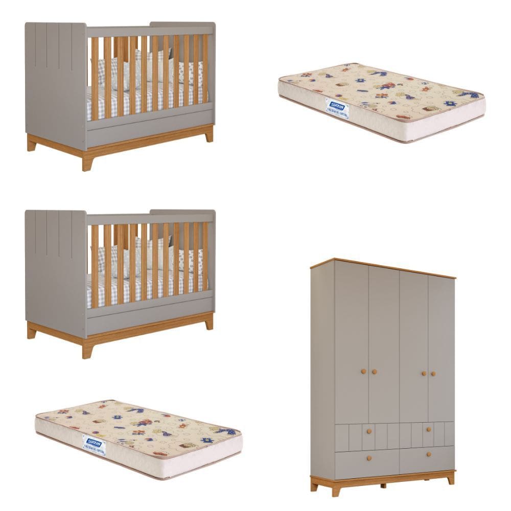 Quarto Bebê Gêmeos 2 Berço Mini Cama Guarda Roupa Liza Permobili e 2 Colchões Gazin
