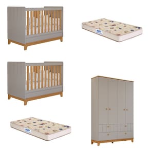 Quarto Bebê Gêmeos 2 Berço Mini Cama Guarda Roupa Liza Permobili e 2 Colchões Gazin