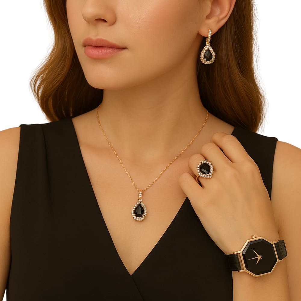 Relógio Feminino Preto Luxo + Kit 4 Acessórios 