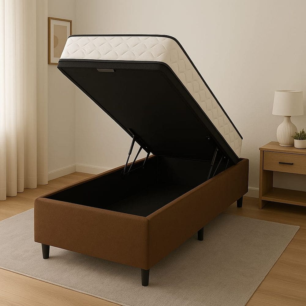 Cama Box Baú + Colchão Espuma D45 Sintético Marrom 17x78x188cm