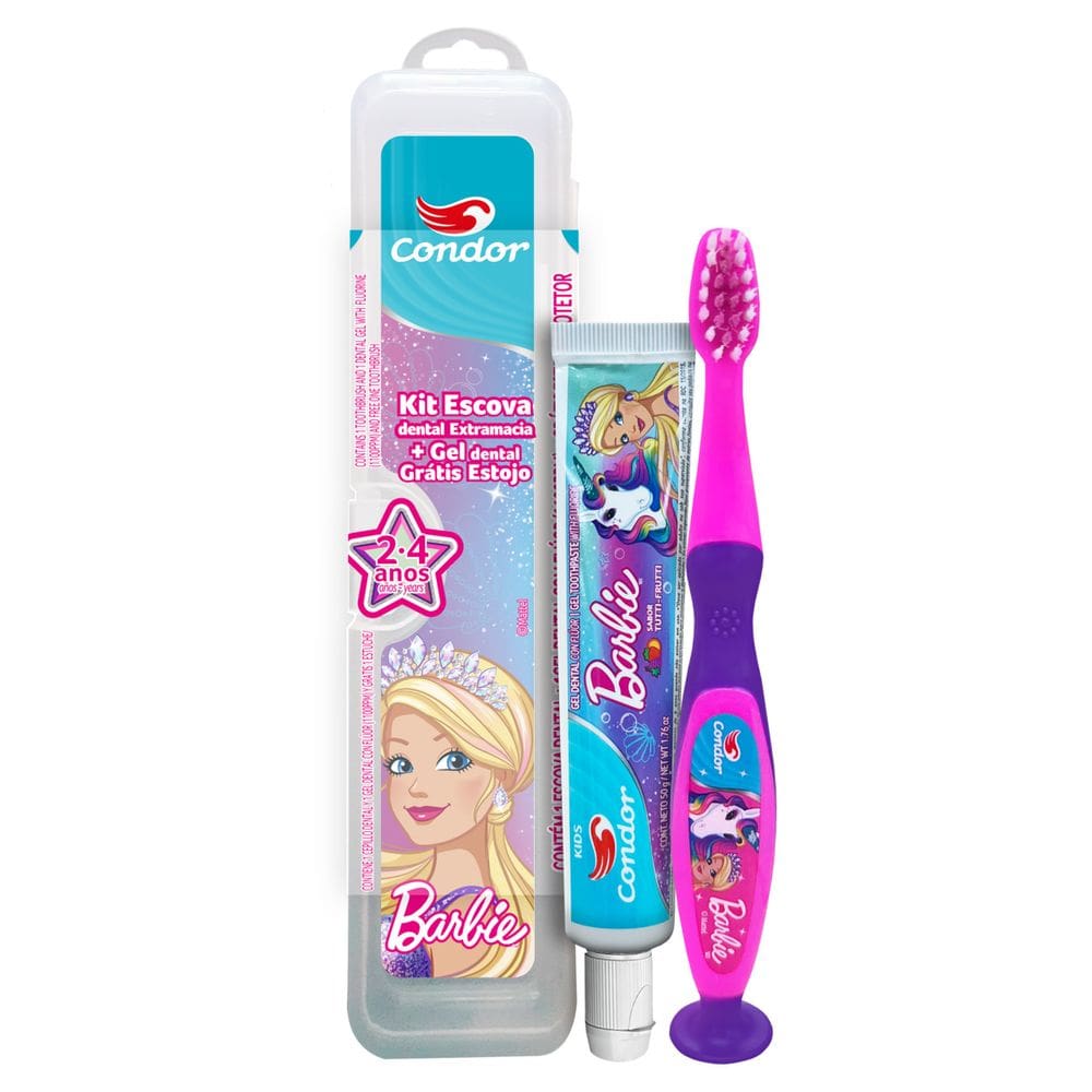 Kit Escova Extramacia + Gel Dental com Flúor Tutti Frutti 50g Barbie Condor Kids + Estojo Prote