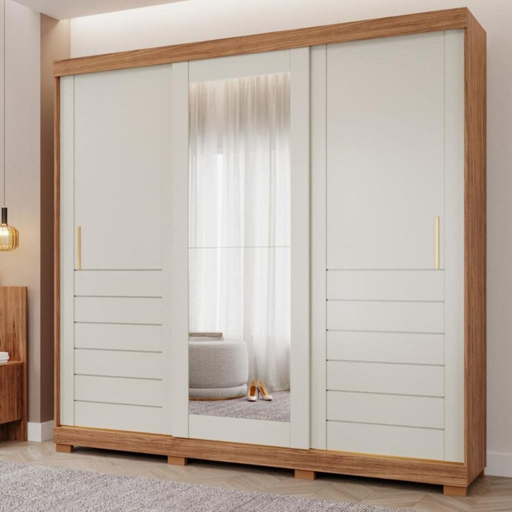 Guarda Roupa Casal com Espelho e Pés 3 Portas de Correr 100 MDF Cecilia Slide Panan