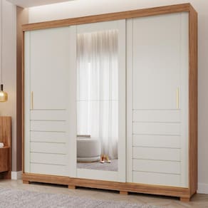 Guarda Roupa Casal com Espelho e Pés 3 Portas de Correr 100 MDF Cecilia Slide Panan
