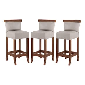 Kit 3 Banquetas Média Estofada Encosto Diamantina 36x90Cm Balcão Madeira Maciça Linho Bege M58