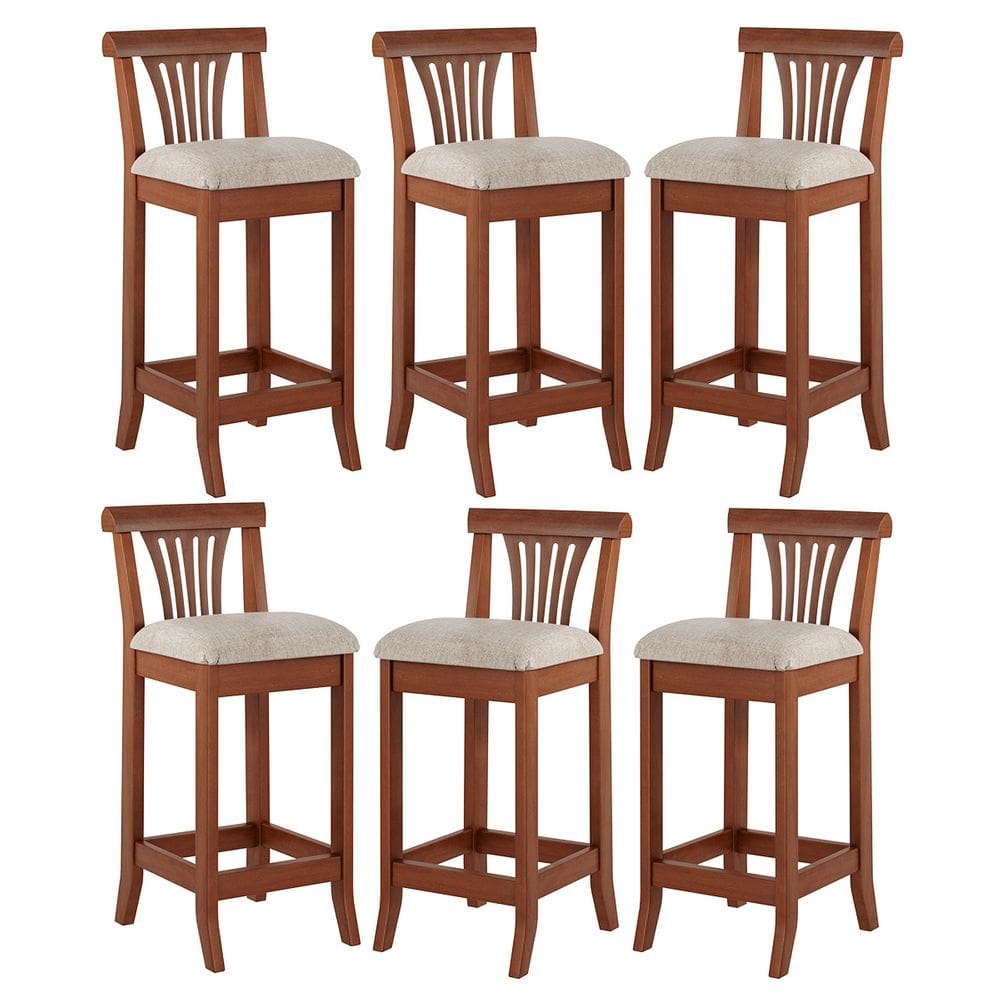 Kit 6 Banquetas Média Estofada Encosto Valentina 36x90Cm Madeira Maciça Linho Bege M58
