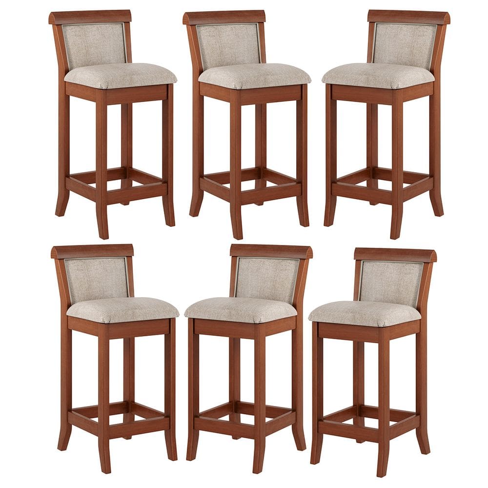 Kit 6 Banquetas Média Estofada Encosto Mônaco 36x90Cm Madeira Maciça Linho Bege M58
