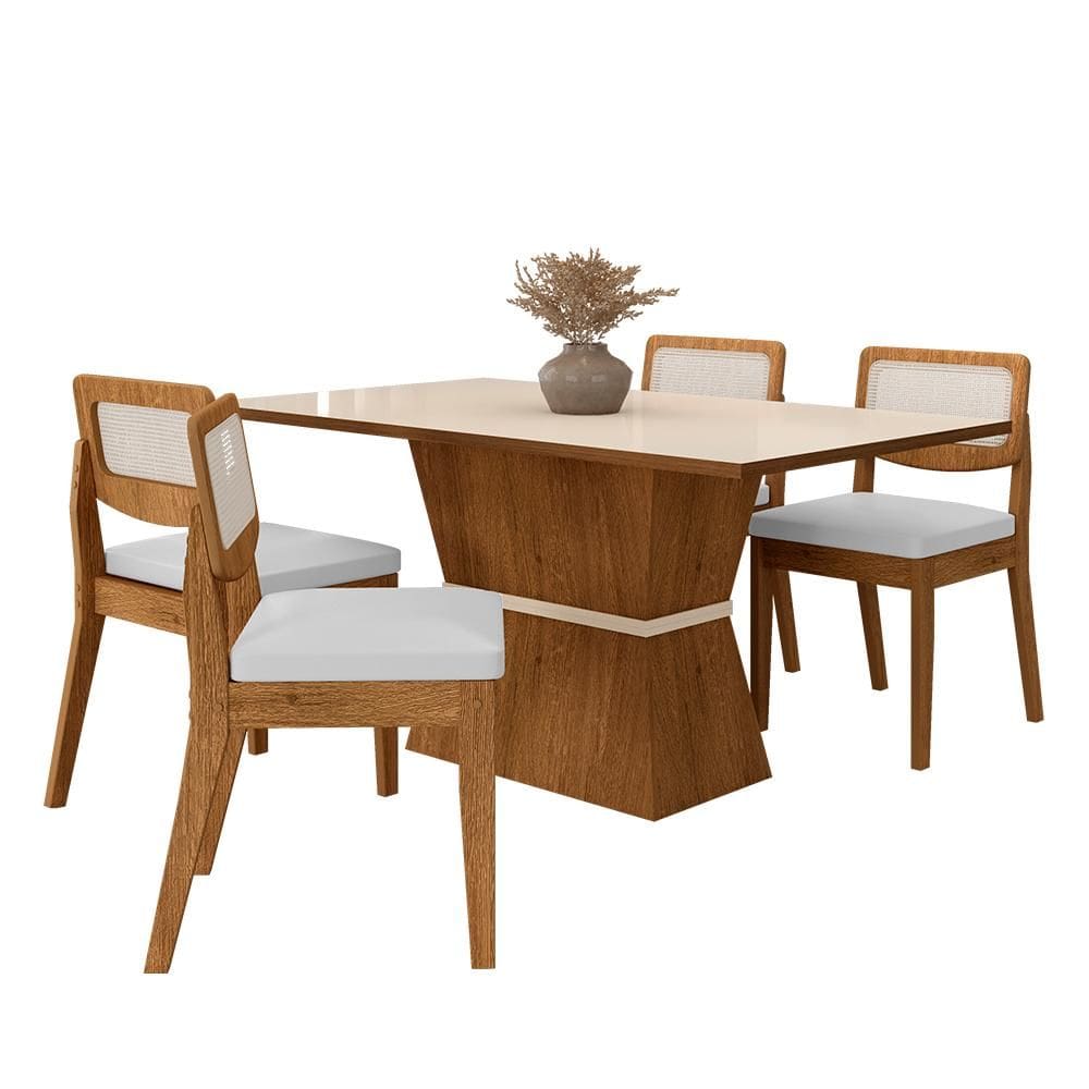 Mesa 1,36 Riva 4 Cadeiras Sextavada Freijó/off/corino Branco - M.a