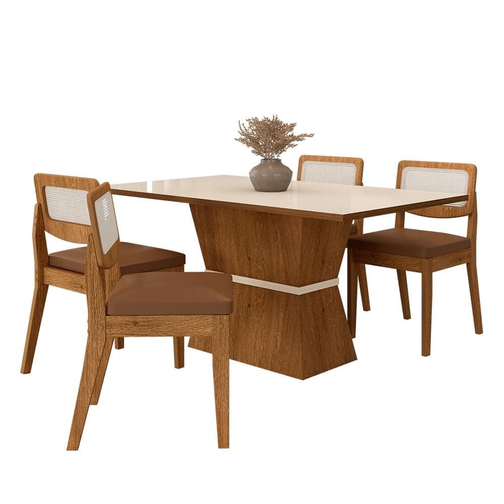 Mesa 1,36 Riva 4 Cadeiras Sextavada Freijó/off/corino Caramelo - M.a