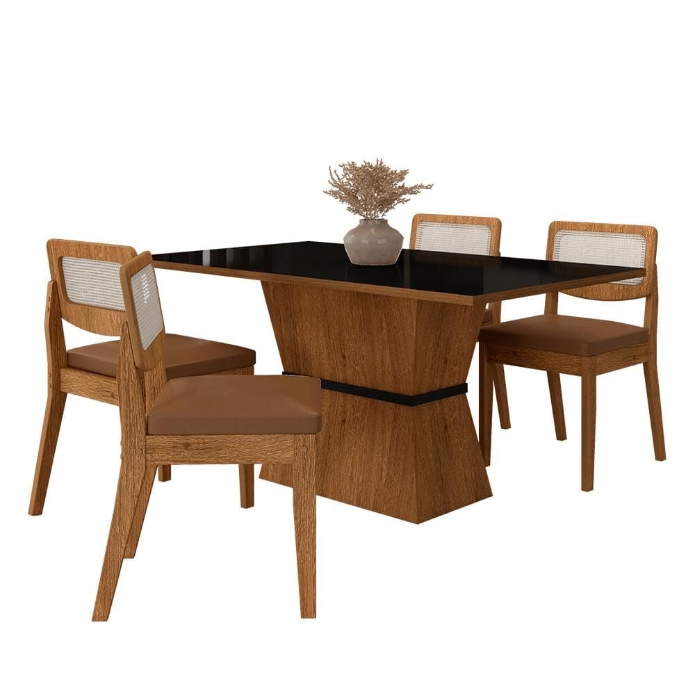 Mesa 1,36 Riva 4 Cadeiras Sextavada Freijó/preto/corino Caramelo - M.a