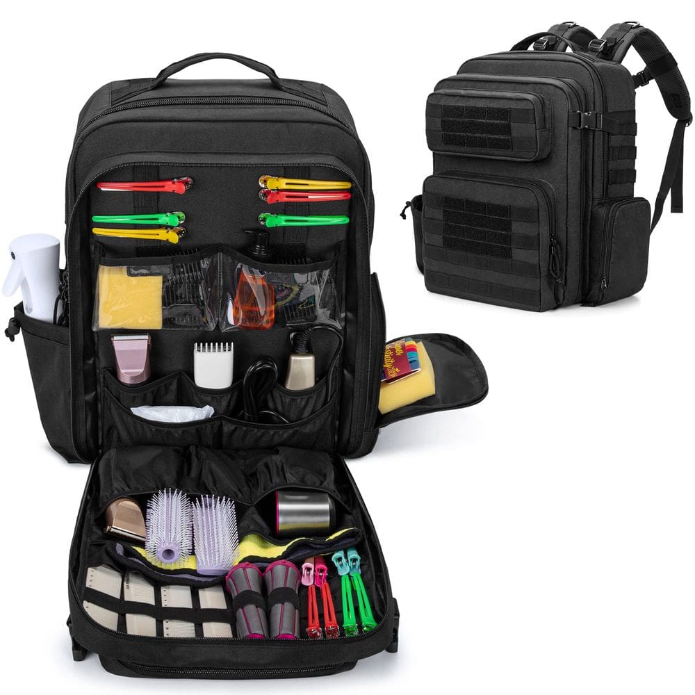 Estojo de barbeiro BAFASO preto de nylon com capa para laptop e 10 bolsos