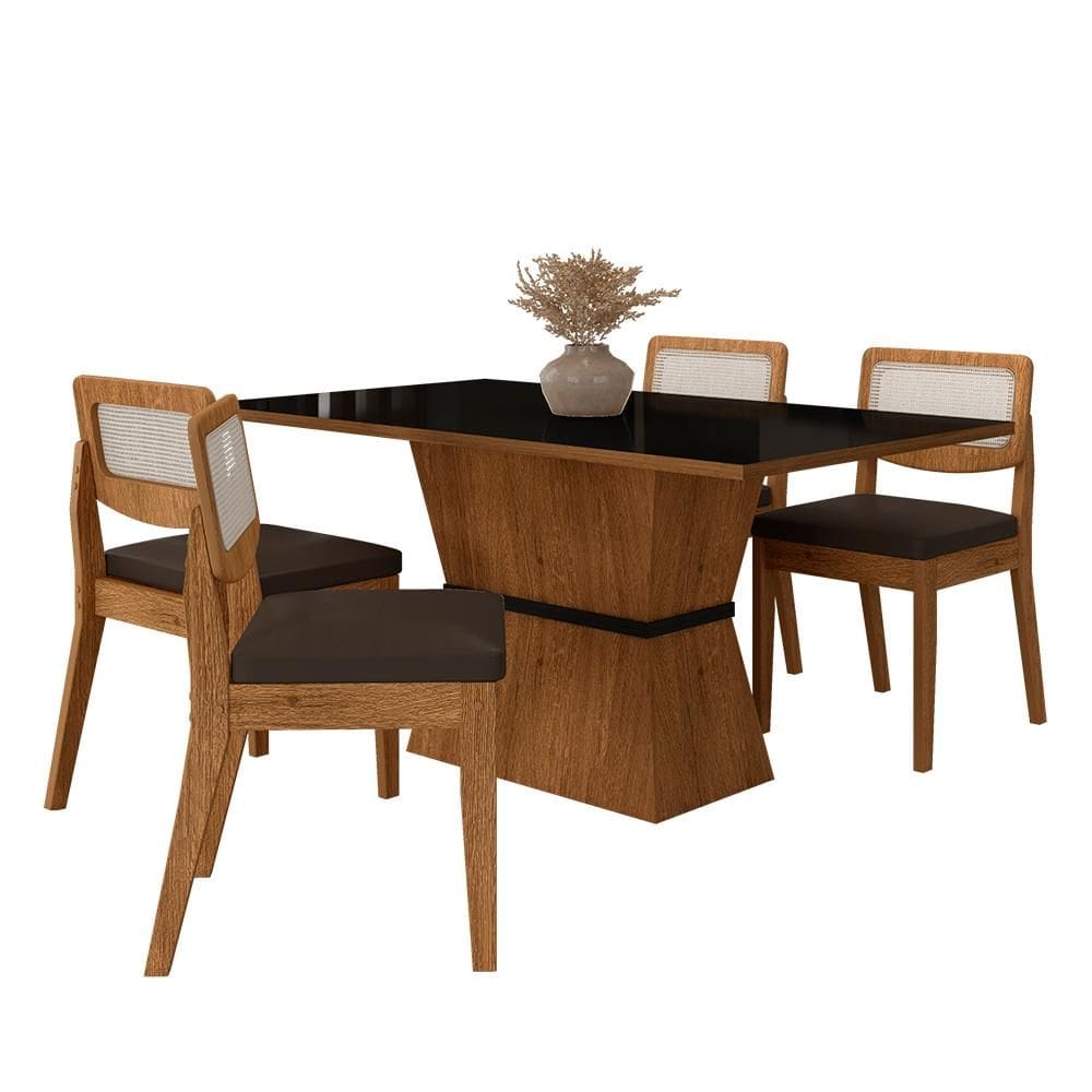 Mesa 1,36 Riva 4 Cadeiras Sextavada Freijó/preto/corino Marrom - M.a