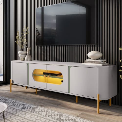 imagem-Rack para TV Até 55 Polegadas com LED e Vidro Reflecta 4 Portas com Pés Juquehy Bechara - Cinza