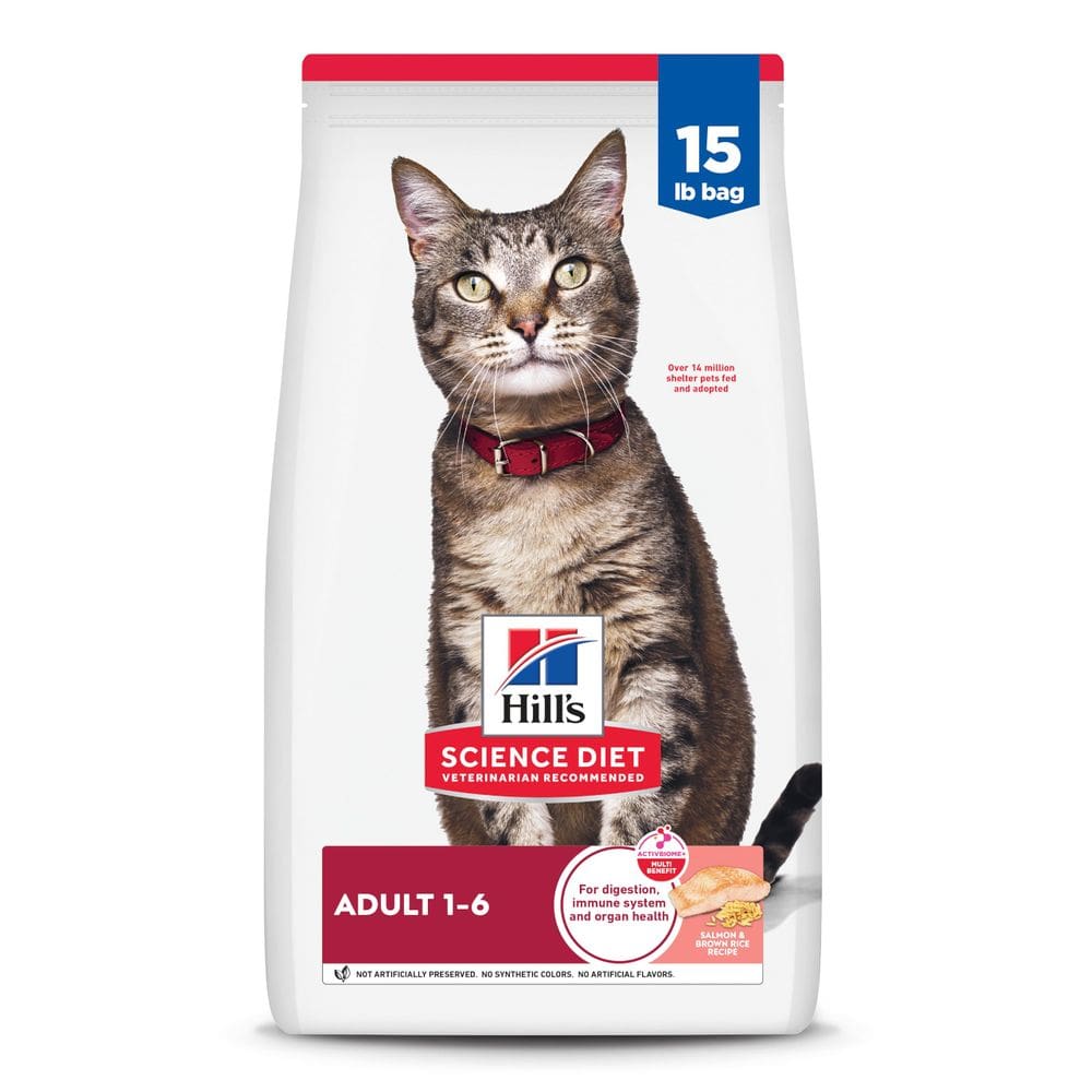 Saco de 6,8 kg para dieta da Cat Food Hill`s Science para adultos de 1 a 6 salmões