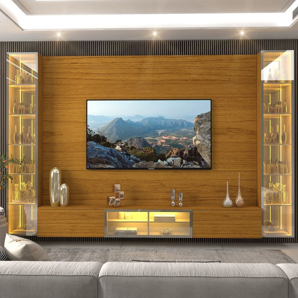 Estante Home para TV até 85 Polegadas com 2 Cristaleiras LED e Vidro Reflecta 5 Portas em MDF Luminare Gelius