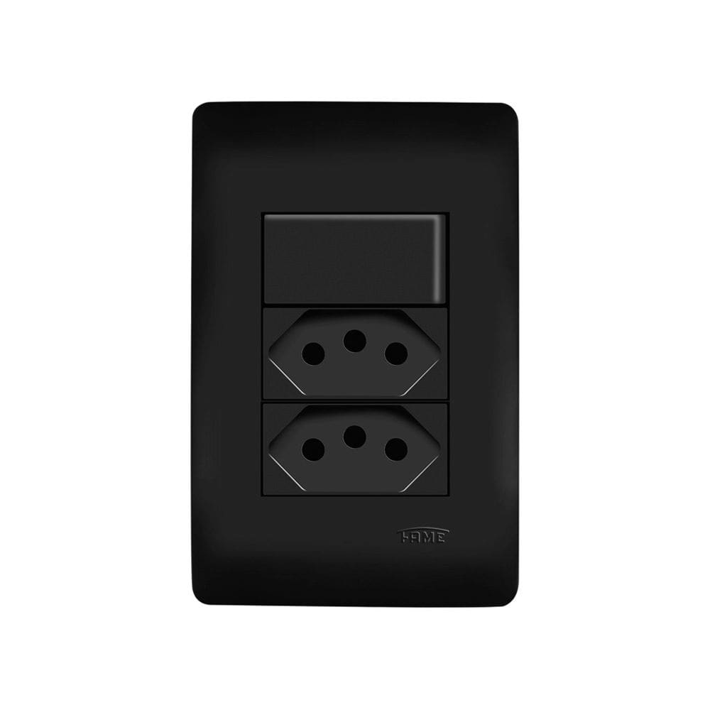 Interruptor Simples e Tomada Dupla 2P+T 10A Fame Habitat Black com Placa 4x2 Preto