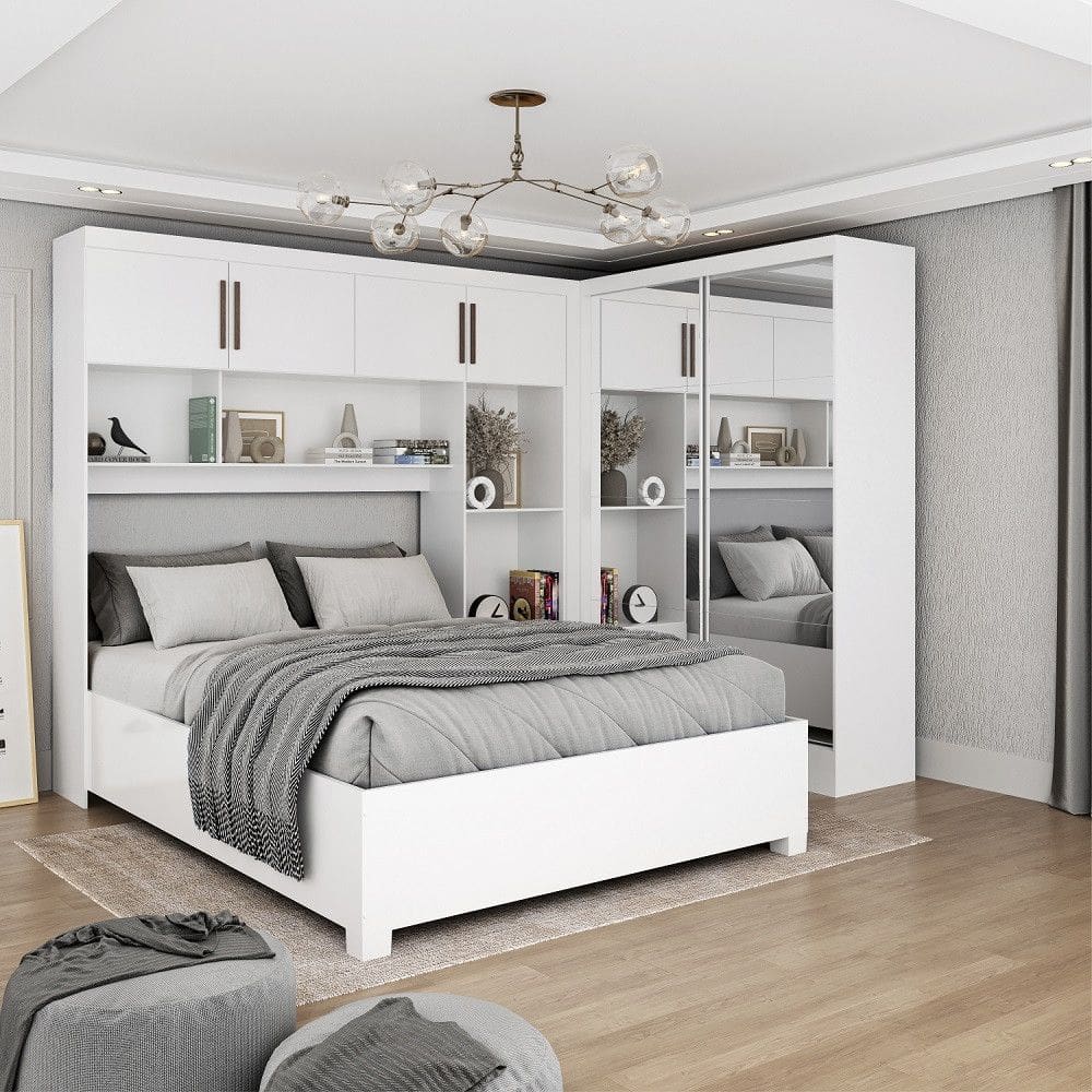 Quarto Modulado Casal com Espelho e Cama 6 Portas Belém Premium Carioca Móveis