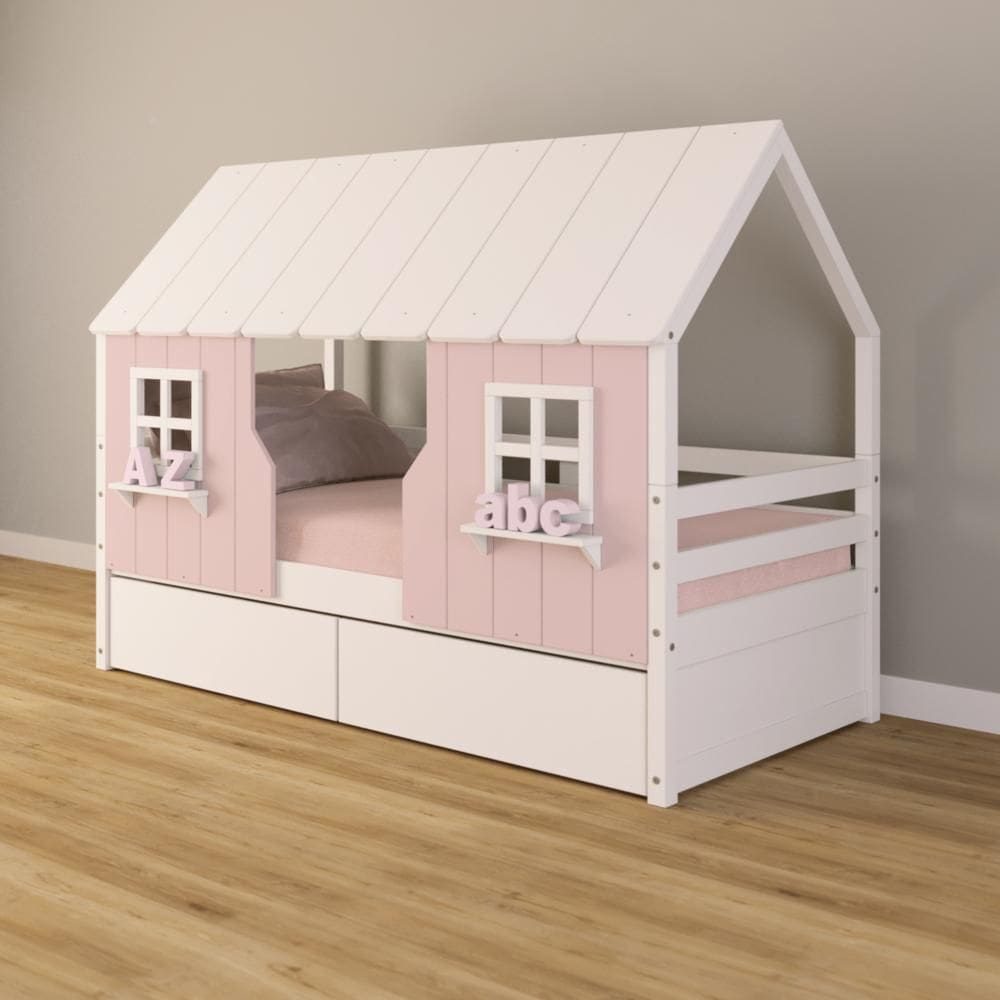 Cama Casinha Encantada com 02 Gavetas Madeira Maciça Rosa/ Branco Housin