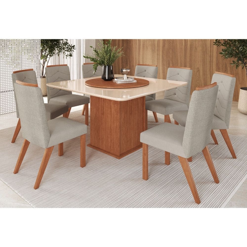 Conjunto Sala de Jantar Mesa com Tampo de Vidro 130cm e 8 Cadeiras em Madeira Maciça 138/27 Zamarchi