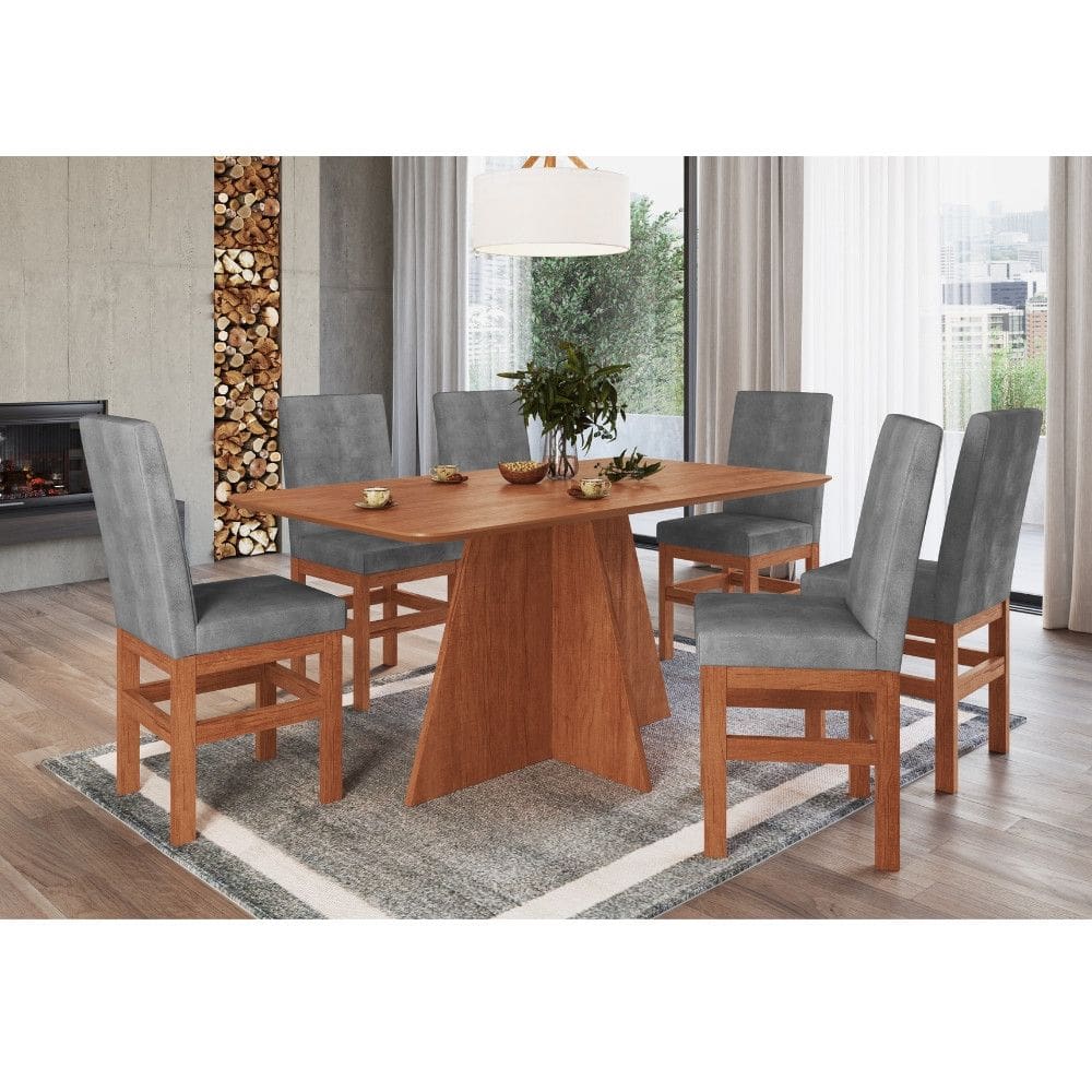 Conjunto Sala de Jantar Mesa 160cm e 6 Cadeiras em Madeira Maciça 147/14 Zamarchi