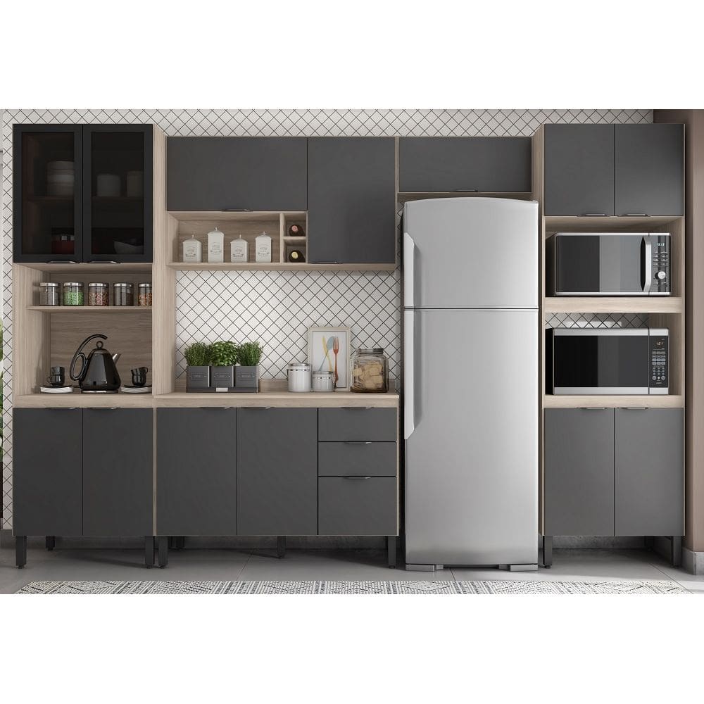 Cozinha Modulada Completa Firenze 330m com Balcão 120m com Tampo MPD - Avena Touch/ Grafito Demóbile