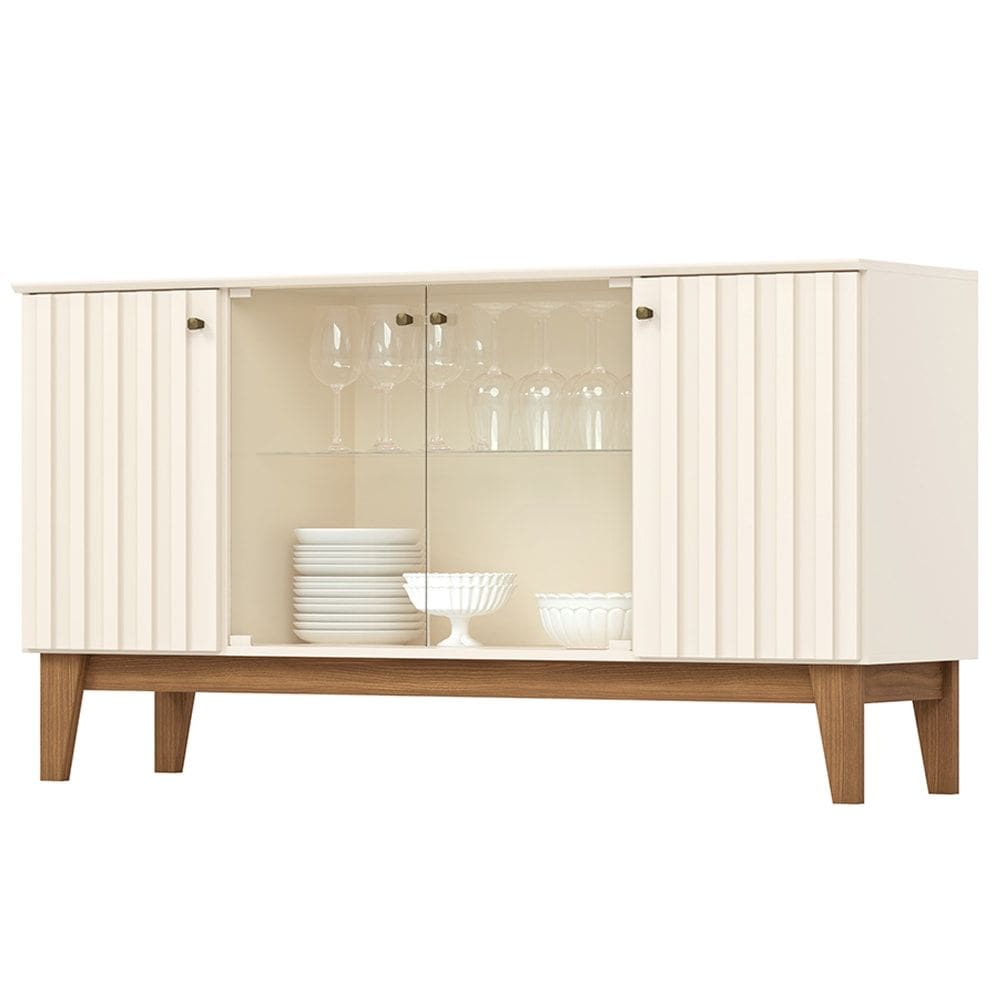Balcao Buffet 4P Ripado e Vidro 150 cm Eiffel Off White Nature Henn