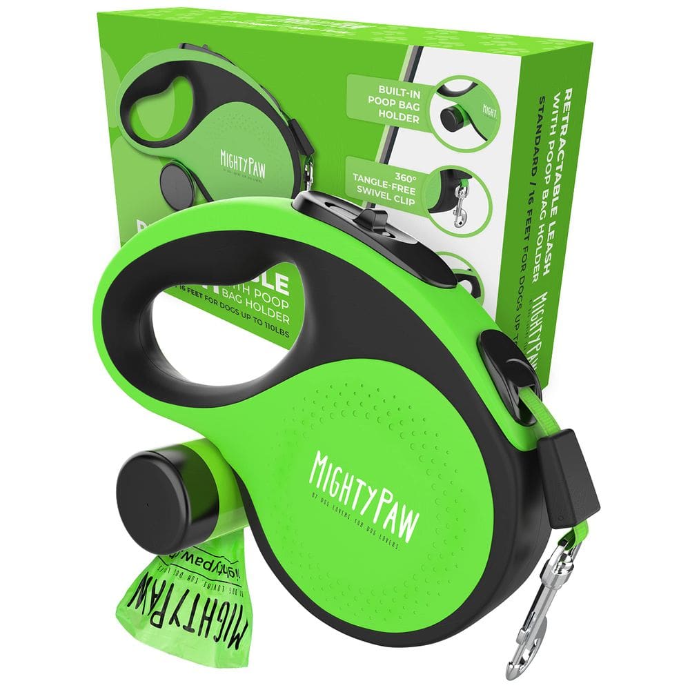 Coleira retrátil Mighty Paw com suporte de saco de cocô de 5 m para cães