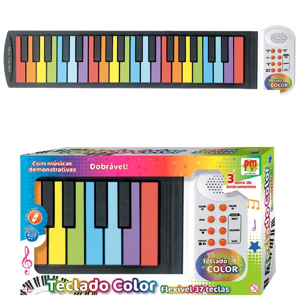 Teclado Piano Colorido Flexível Dobrável 37 Teclas A Pilha Sons Instrumentos