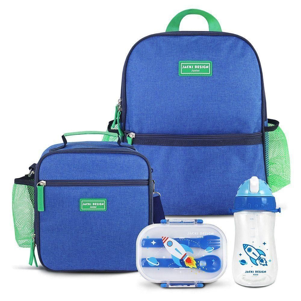 Kit Mochila Escolar Lancheira Térmica Pote Para Lanche E Garrafa 460ml Infantil Azul